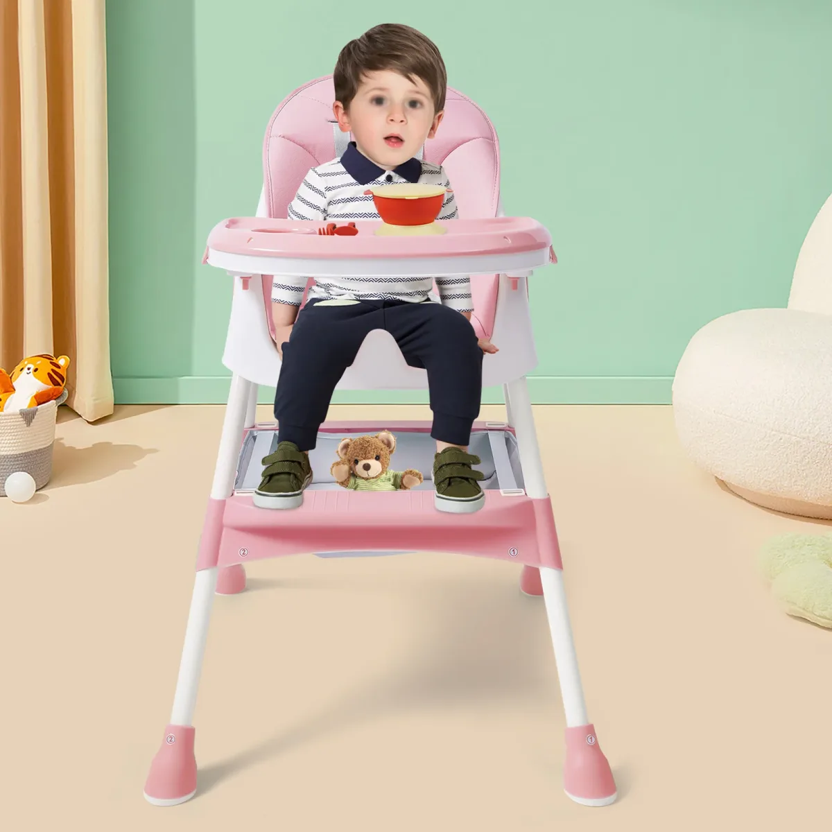Chaise haute pliable 2-en-1 rose avec repose-pieds