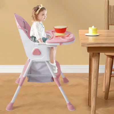 Chaise haute pliable rose pour bébé, double plateau