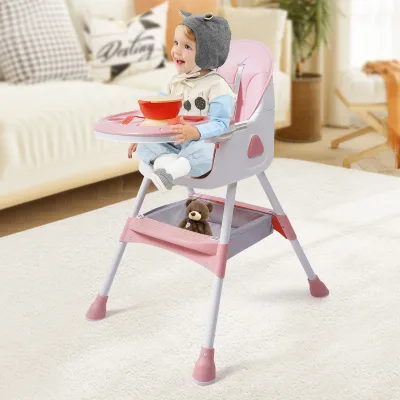 Chaise haute pliable rose pour bébé, double plateau – image 2