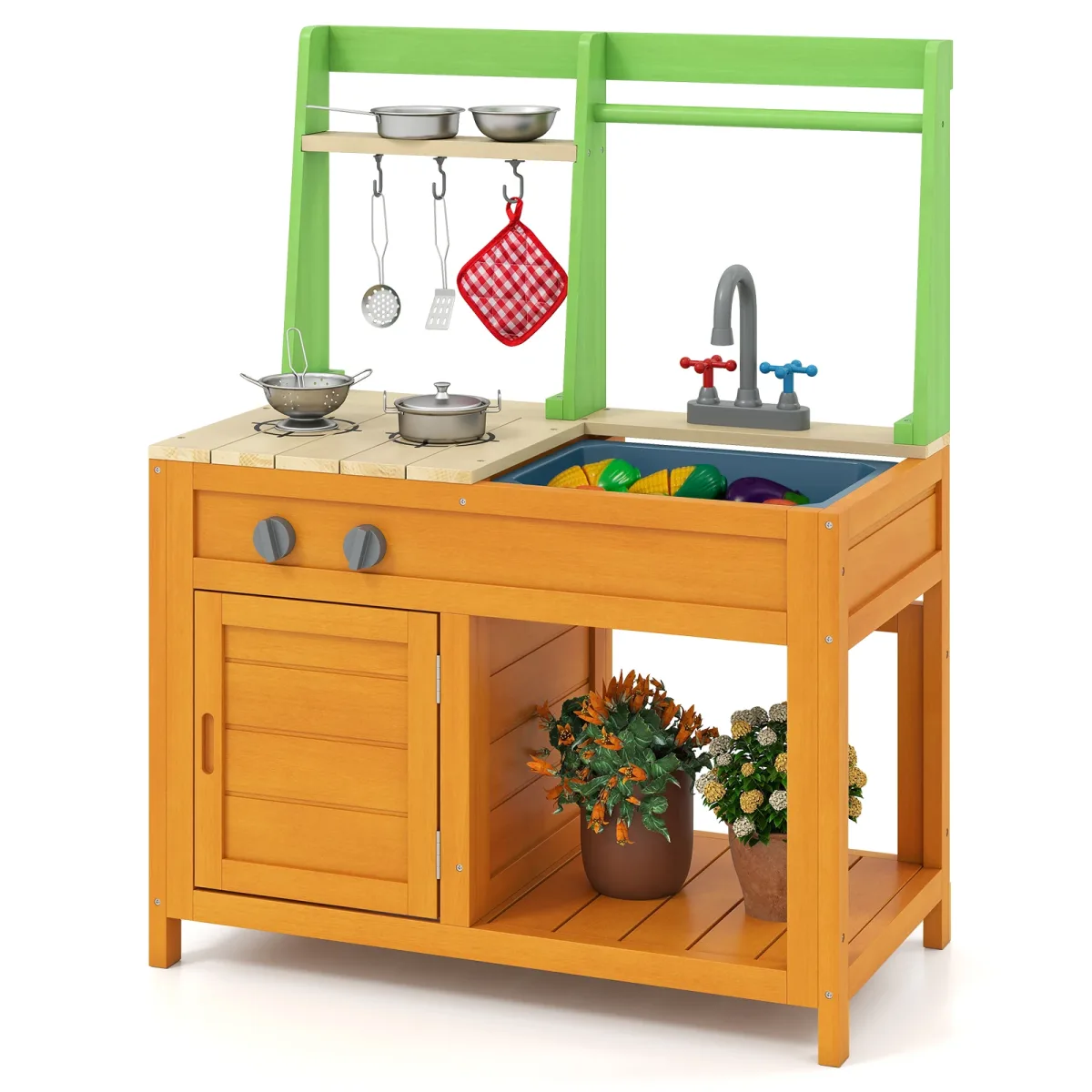 Cuisine de jeu d'extérieur en bois, vert et jaune
