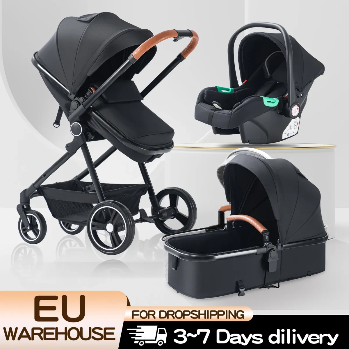 Poussette pliable 3 en 1 à cadre en aluminium